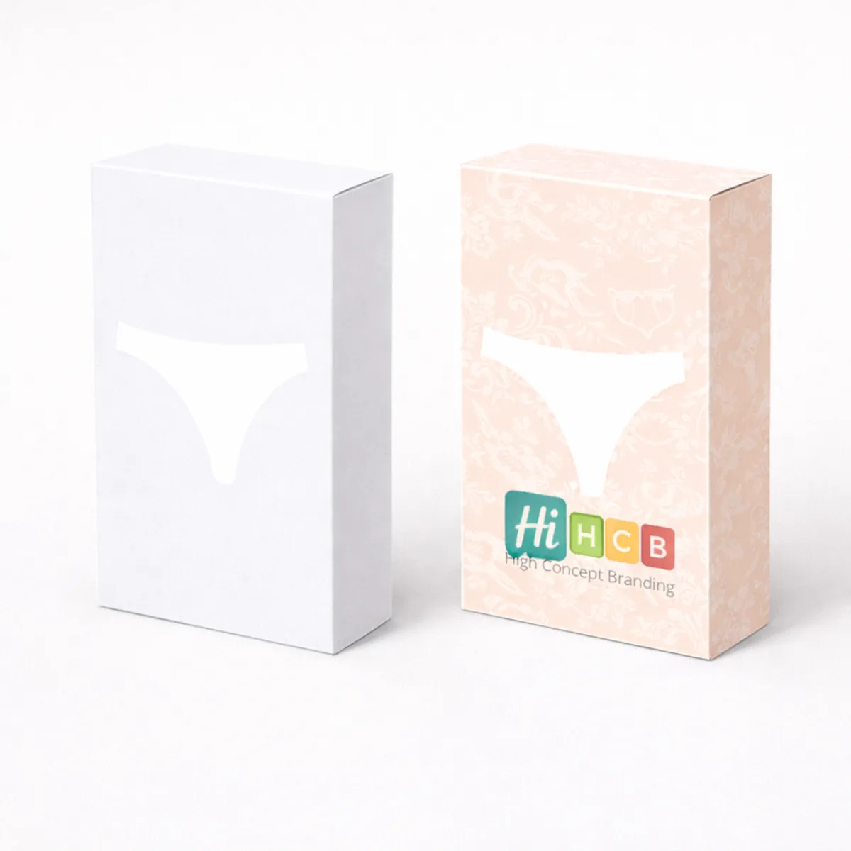 Two upright cardboard boxes with a thong-shaped window- displayed in plain white and patterned pink-